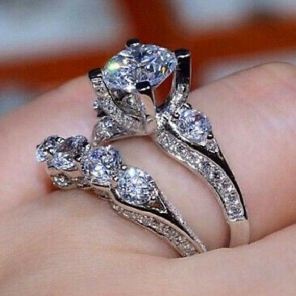 NWT 2pcs/set 925 Silver Wedding Engagement Ring - Picture 2 of 7